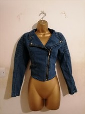 H&m Blue Denim Panel Detail Soft Aviator Cropped Biker Moto Jacket Size 8 10 12