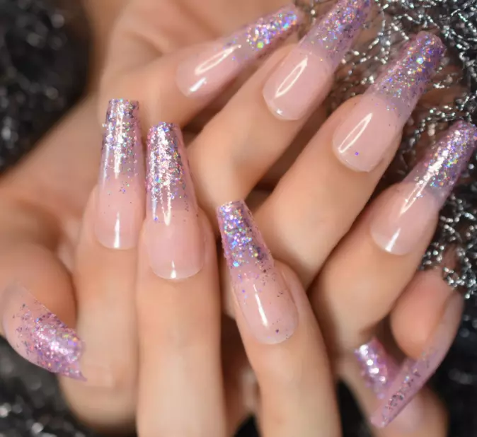 Baby pink coffin on sale nails with glitter