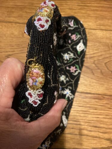 Vintage Abendtasche 50er Jahre Herve Paris schwarz Perlen Blumen - Bild 5 von 19
