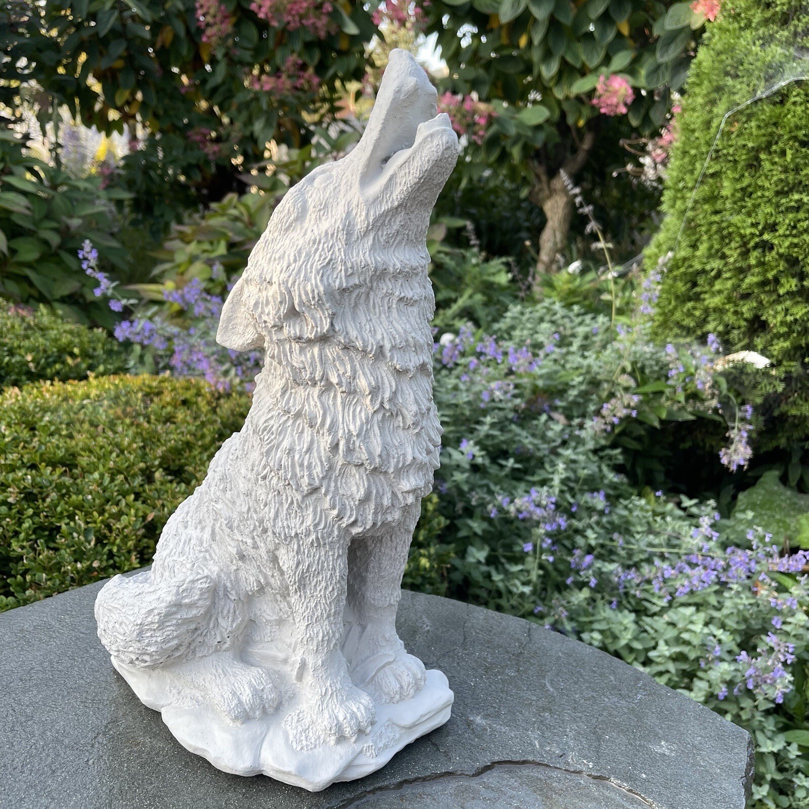 Outdoor Wolf Statue For The Yard Large 15" White Concrete Howling