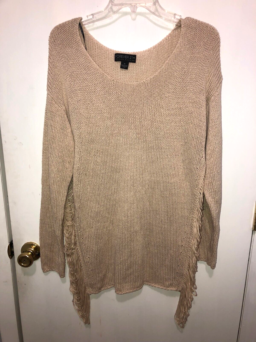Forever 21 Plus Size 1X Side Fringe Sweater Beige 100% Acrylic Long Sleeve
