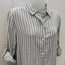 NEW wTag-MAX STUDIO Black/White Stripe Sheer Button Hi Low Shirt Sz M