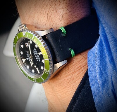 19mm BLACK Crazy Horse Leather Watch Straps Quick Release GREEN stitch