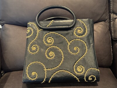SILVANO BIAGINI ITALY Vintage Blue leather handbag Gold hardware Embroidered