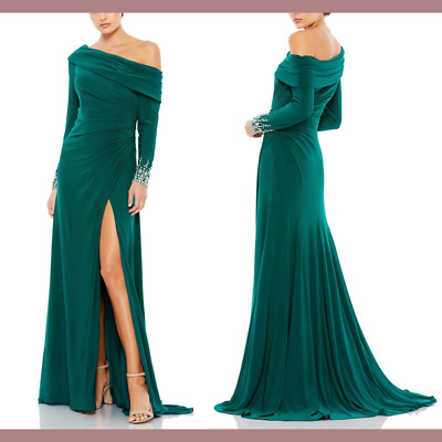 NWT Mac Duggal [ 2 ] 12231 Beaded Cuff Drop Shoulder Faux Wrap Gown Emerald J297