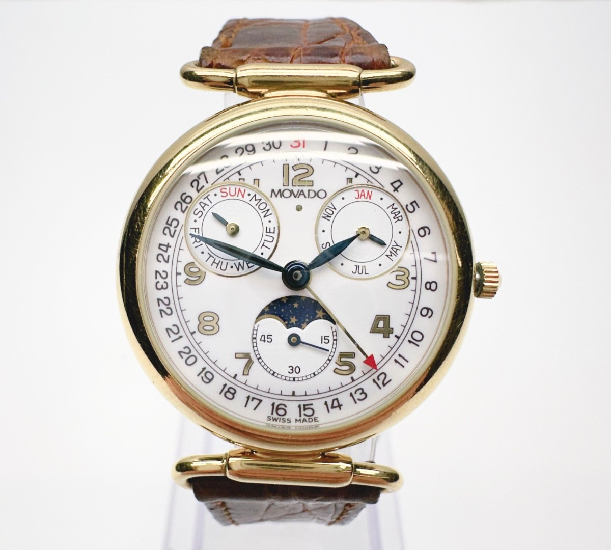 Movado Swiss 87.03.814 ESQ Triple Calendar Moonphase Watch 28mm Gold New Battery