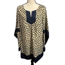 UMGEE Women's Semi Sheer Gold Navy Oversized Boho Tunic Mini Dress Sz M Whimsy