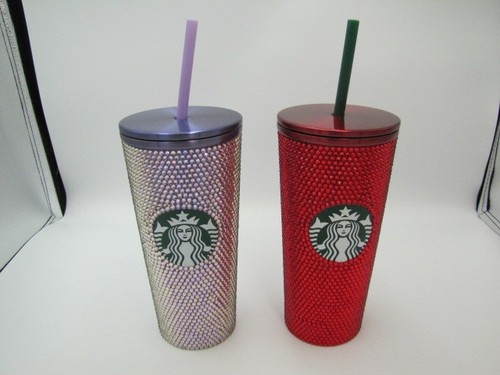 Starbucks lotto di 2 bicchieri acciaio inox 2022 strass viola e rosso 16 oz - Foto 1 di 13