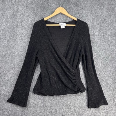 VTG Jeffrey & Dara Y2K Whimsigoth Black Sexy Glitter Surplice Top Women s 12