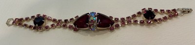1940s rhinestone bracelet link faux ruby pink Aurora Borealis