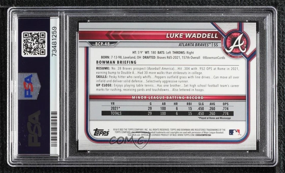 2022 Bowman Sapphire Edition Chrome Prospects Orange /50 Luke Waddell PSA 10 - Image 2 of 2