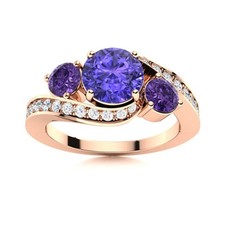 925 Sterling Silver Rose Plated 5MM Round Tanzanite  Amethyst Three Stone Ring