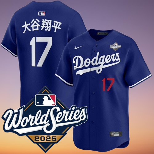 Men's Dodgers #17 Shohei Ohtani Kanji 2025 World Series Jersey All