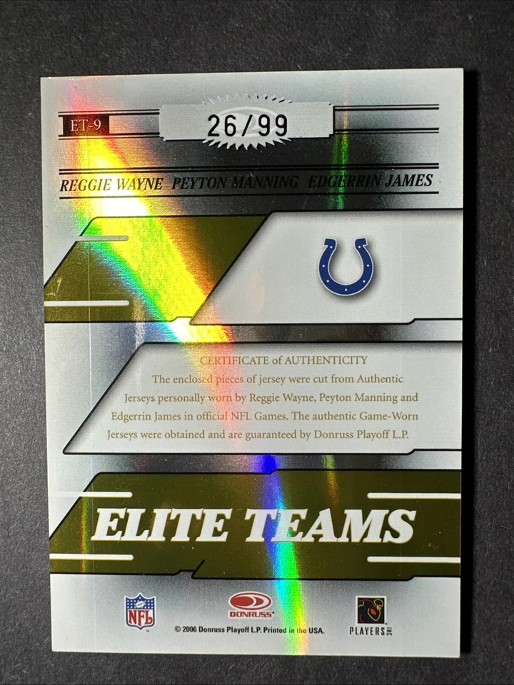 Elite Peyton Manning 2006 Reggie Wayne Edgerrin James/99 juego usado parche Colts Foto 2 de 4