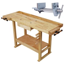 55" Heavy-Duty Wood Workbench w/ 7" Cast Iron Vise - Garage & Home Workshop