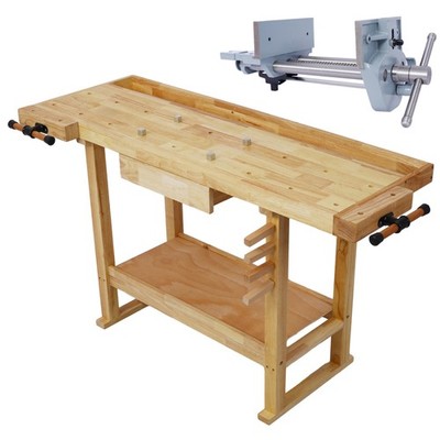 55'' Heavy-Duty Wood Workbench w/ 7'' Cast Iron Vise - Garage & Home Workshop