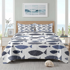 Twin Quilt Set, 2 Pieces Coastal Fish Bedding, Bedspread