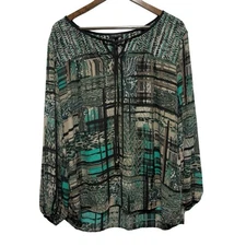 Notations Blouse Womens 2X Black Green Grunge Balloon Sleeve Lightweight Top