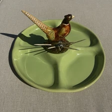 Rosemeade Hors D’oeuvres Snack Tray Pheasant Toothpick Frog 4 Compartments Vtg