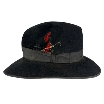 Vintage DOBBS Fifth Ave NY Pure Black Wool Fedora Hat Feather Size 7 1/8 USA - Image 1 of 4