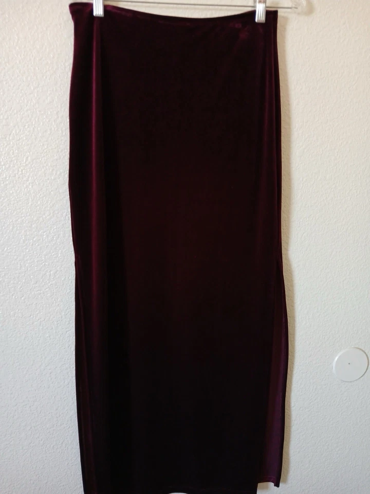 Maxi Falda De Colección STAR C.C.C Mujer Terciopelo M Borgoña Vino Rojo Cintura Elástica Abertura Foto 3 de 4