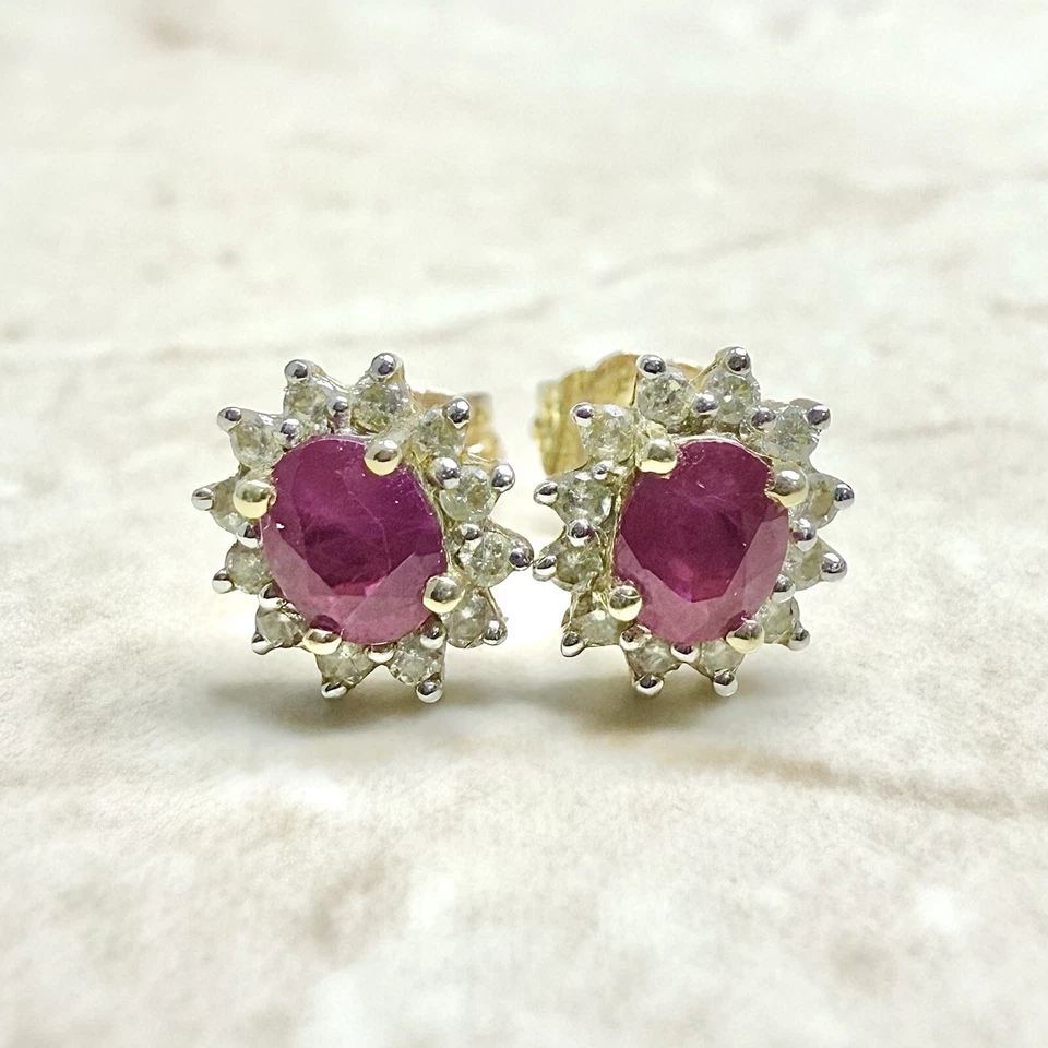 14K Oval Ruby & Diamond Halo Stud Earrings - 14K Yellow Gold Ruby Earrings - Image 3 of 4