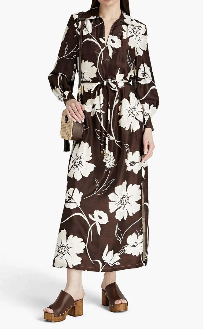 Abito lungo TORY BURCH maniche lunghe marrone motivo floreale 100% seta taglia: S P