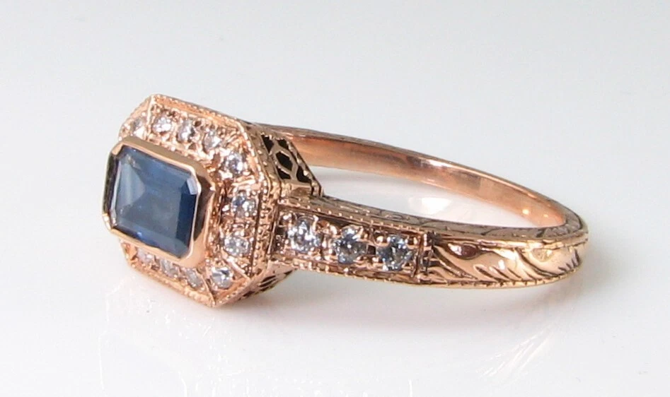 Anillo Halo De Zafiro Rectangular 9K Oro Rosa Y Diamante Cluster Talla Libre