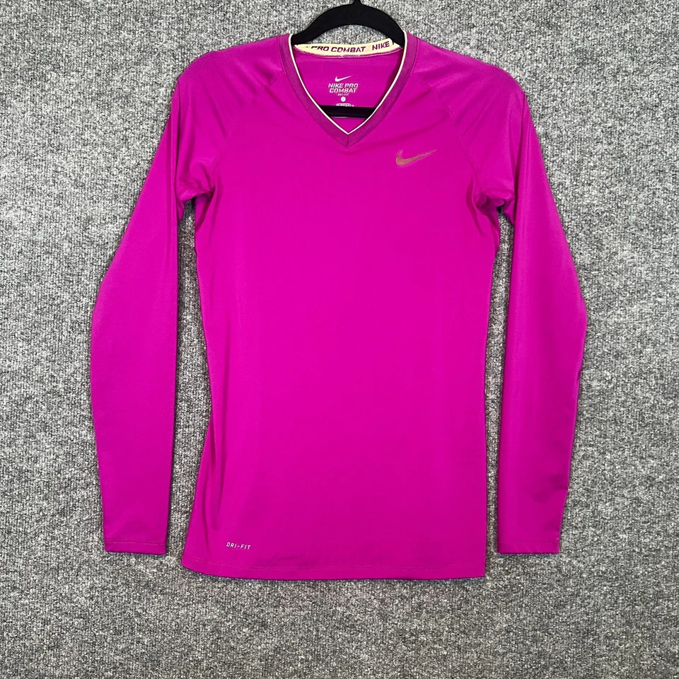 Camisa de combate Nike Pro para mujer pequeña rosa ajustada manga larga cuello en V elástica Foto 2 de 4