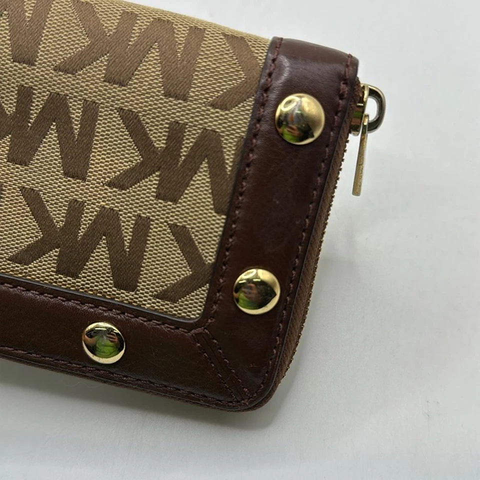 Michael Kors Delancy Signature MK Logo Leather Canvas Brown Wallet Studs Clutch - Image 4 of 4