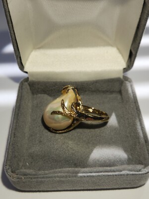 . 925 Size 6 Faux Pearl Ring Gold Tone