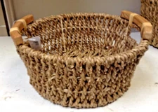 Round Woven Seagrass Storage Organize Toy Basket Wood Handles 13.75x6 MEDIUM