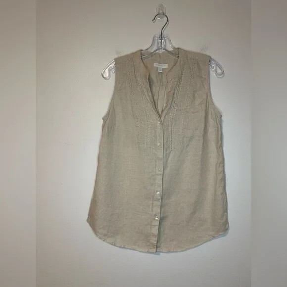 Charter Club Linen Embroidered Sleeveless Tan V Neck Button Shirt Women’s Sz S