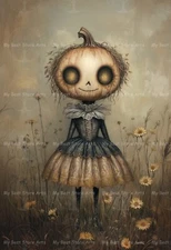 SPOOKY PUMPKIN LADY ART PRINT, Home Decor, Gothic Witchy Poster, Farmhouse E602