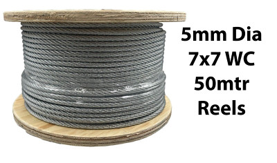 Verzinktes Stahldrahtseil Seil 5 mm Durchmesser 7 x 7 Drahtkern - 50 mtr Rolle