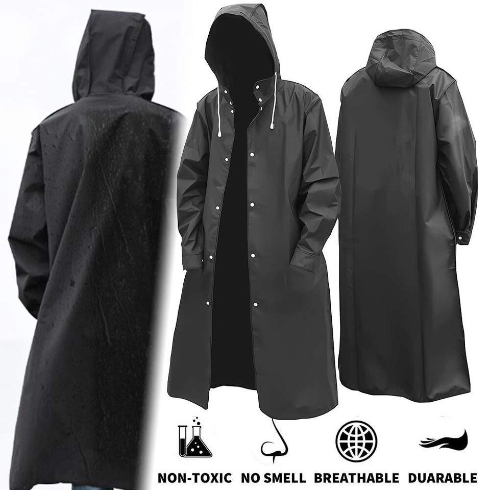 Mens 100% Nylon Long Raincoat - Zip in Hood - with Travel Pouch Black at Men's Clothing store