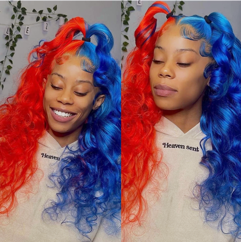 Lace Front Two Tone Wig Half Red Half Blue Wig Synthetic Hair Wig Heat Resistant Ebay