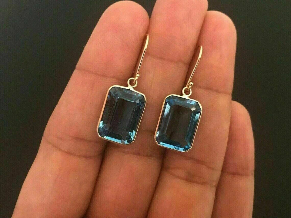 4Ct Emerald Cut Simulated London Blue Topaz Drop Earrings 14K Yellow Gold Plated - Image 4 of 4