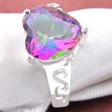 Anillo de plata maciza con piedras preciosas de topacio místico fuego corazón regalo de vacaciones talla 7 ~ 9