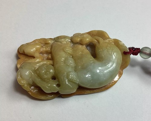 Brown Two Sided Jadeite Phoenix & Monkey Slightly Translucent Pendant - Picture 4 of 14