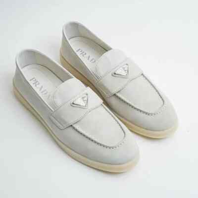 Prada Loafers Suede Beige Triangle Enamel Logo Sz 39 Suede