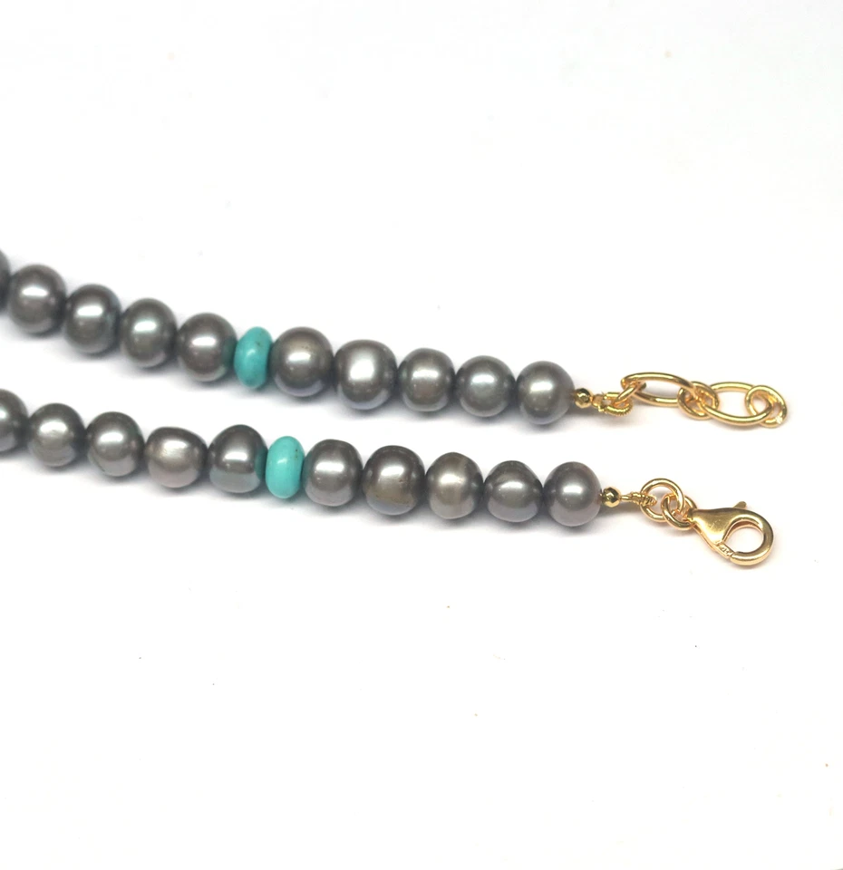 Gray Pearl, Blue Turquoise & Onyx Long-Necklace 30" Silver 925 Sterling - Image 4 of 4
