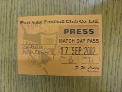 17.09.2002 Ticket: Port Vale gegen Notts County [Presseausweis] (gefaltet). Bobfrankandel