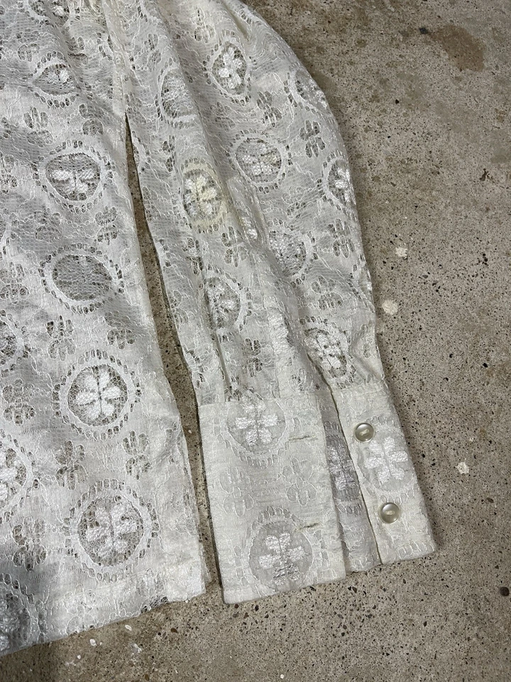 Camisa Hippie Vintage Años 50 60 Cuello de Tela de Encaje Talla M Botón Cuadrado Reelaboración Bode Foto 2 de 4