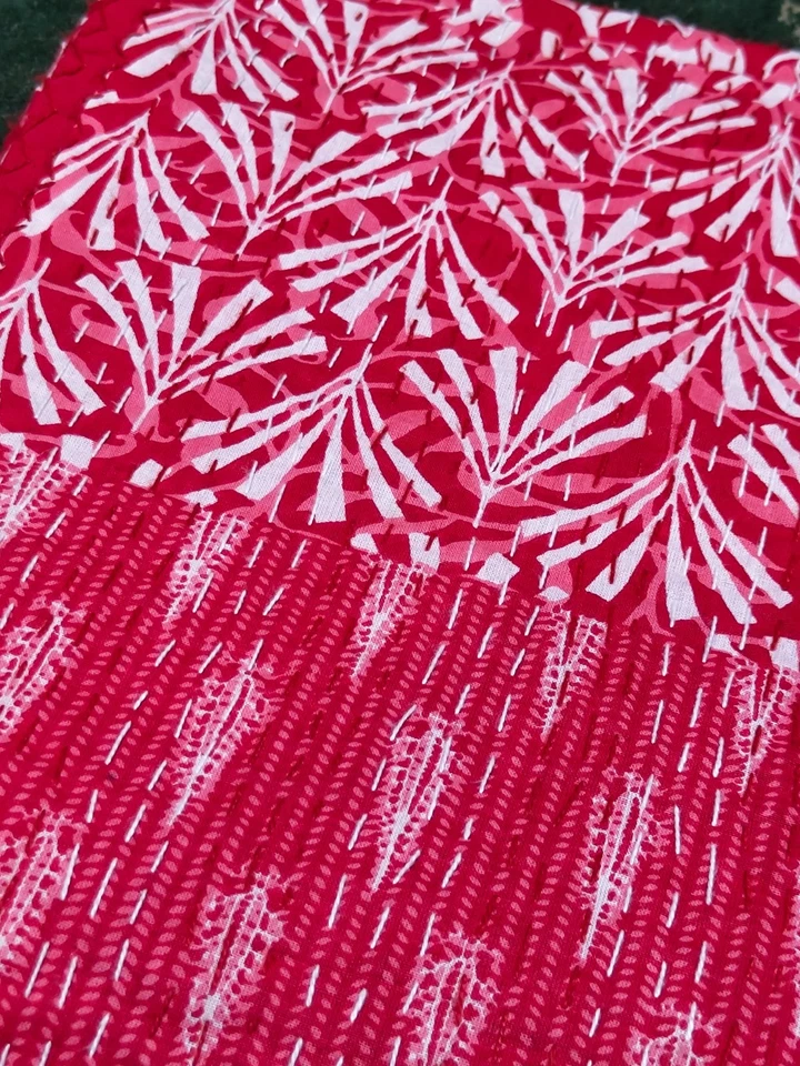 Pink Indian Cotton Kantha Quilt Bohemian Throw Blanket Twin Queen King Size - Image 4 of 4