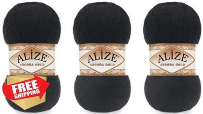 Alize Angora Gold Yarn 3 Skeins 60-Black Wool Acrylic Knitting