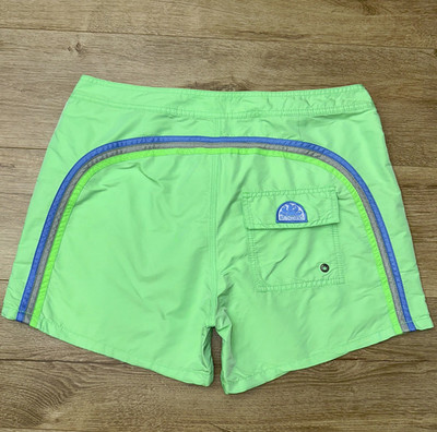 Vintage Sundek 34 Rainbow Stripe Neon Green Surf Swim Trunks Shorts Size 34
