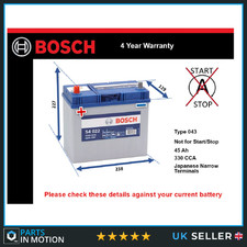 Car Battery S4022 Bosch 043 330A 45Ah 4Yr Warranty 238x129x227