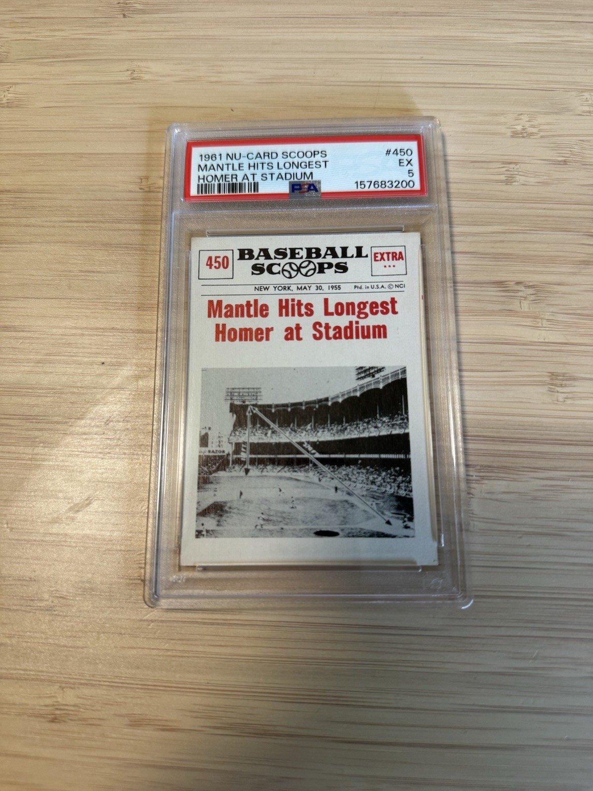 Mantle Hits Longest: Homer at Stadium #450 Baseball Cards 1961 NU Card Scoops trading card — raw and PSA graded price guide