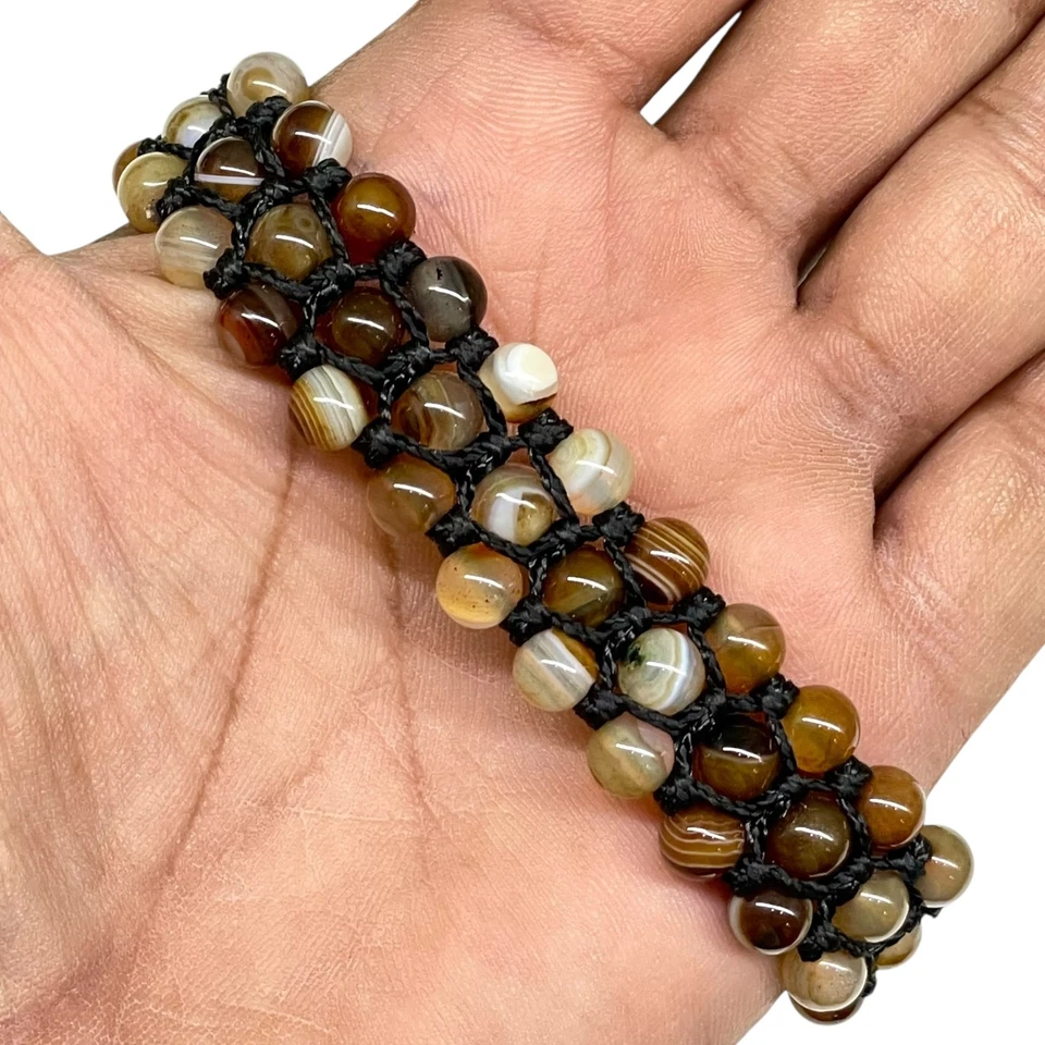 Handgemacht 6mm Natürlich Achat Perlen Armband Verstellbar Makramee Boho Unisex - Bild 3 von 4